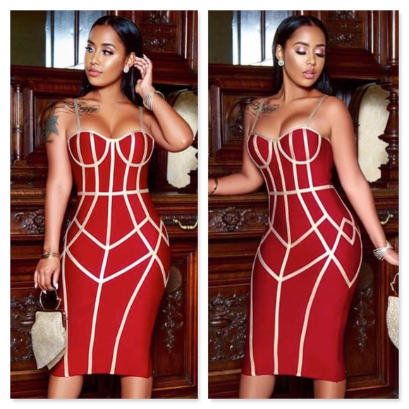 🎥 Bandage Slim Dress with Contrast Trim Burgundy - Picture 3 of 15